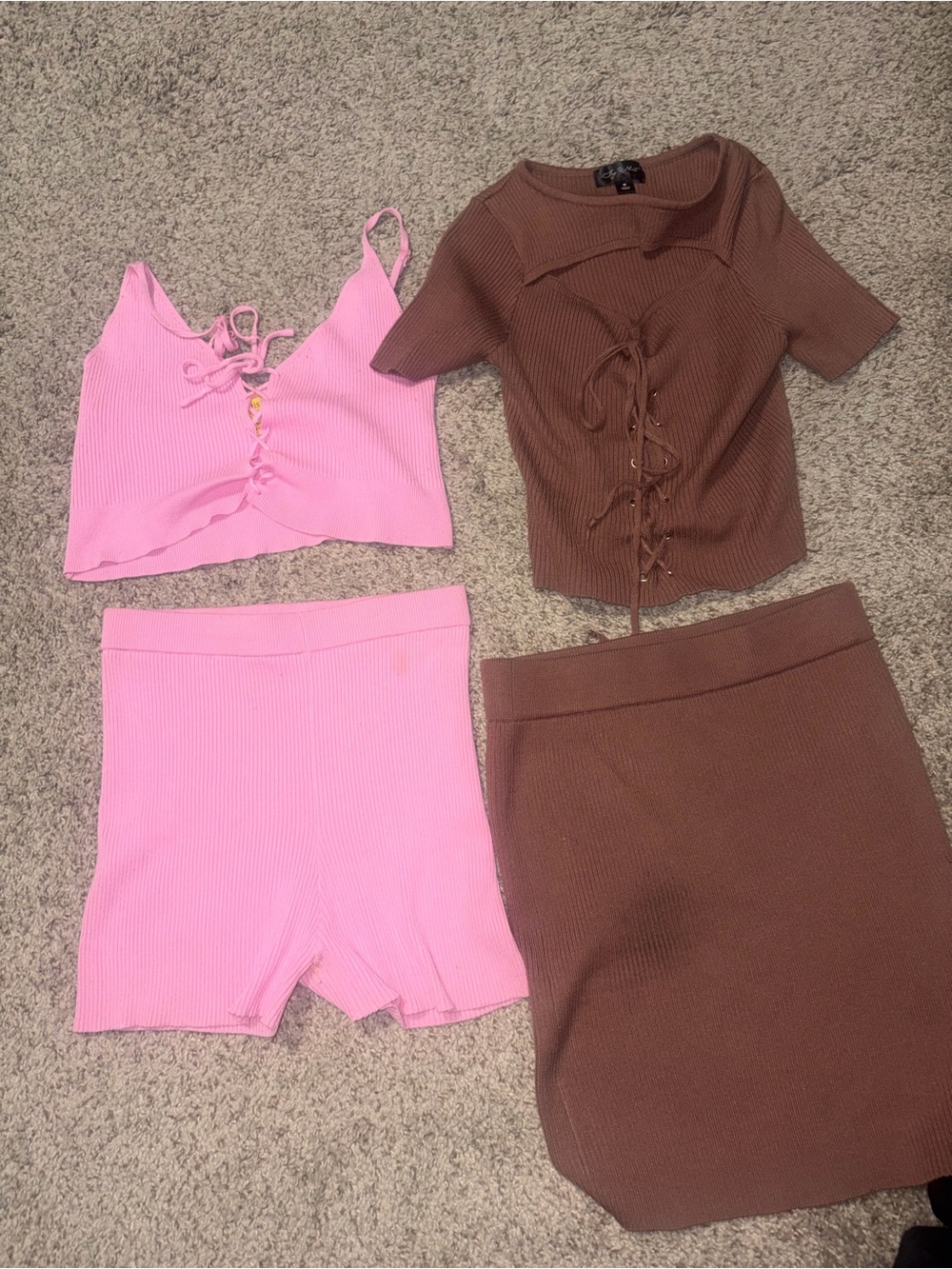 Ribbed Lace-Up Tank Top Set — 2 Piece Set Baby Pink & Brown